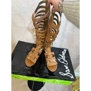 Sam Edelman Bryant Gladiator Sandals Tan Leather Knee High Strappy Flat 8.5M